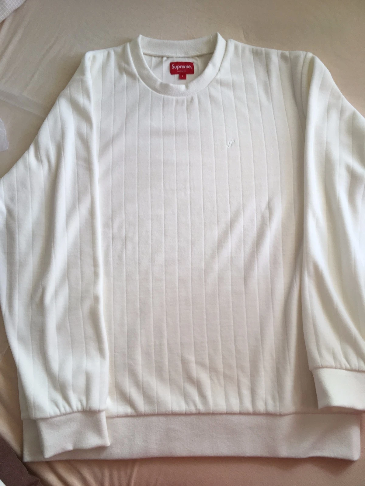 SUPREME girocollo in velluto a costine bianco grande FW2017 nuovo + mai indossato