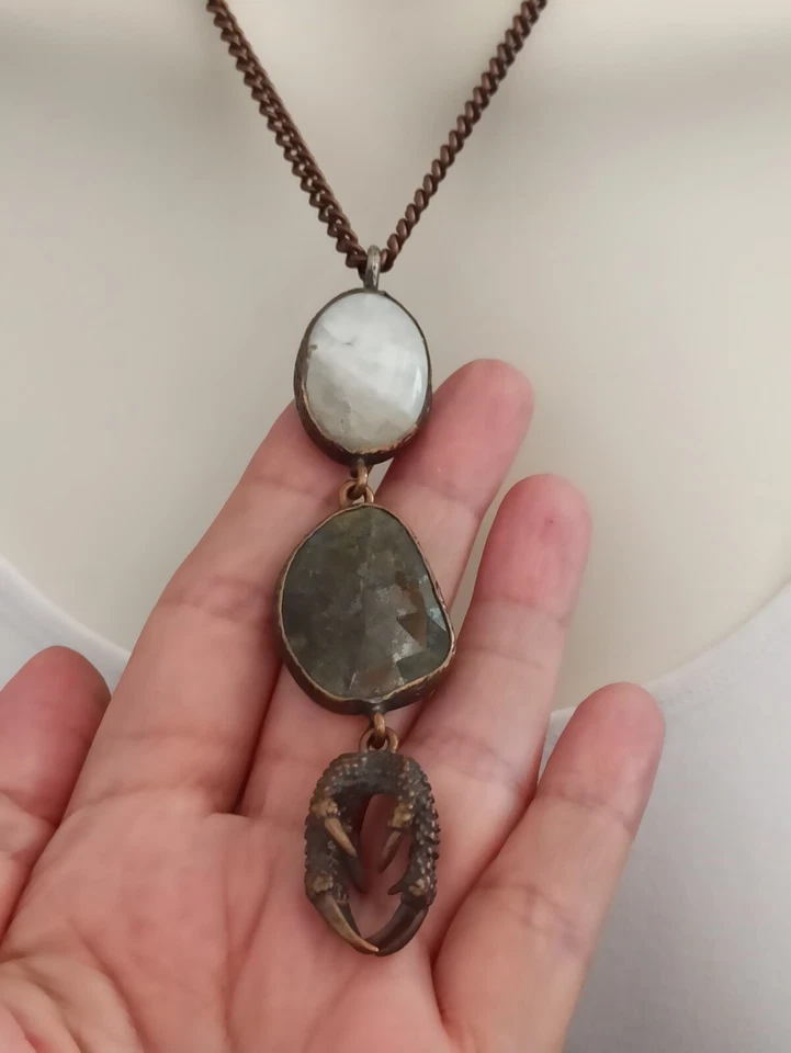 Collar Piedra Palma Águila Hecho a Mano ÚNICO EN SU CLASE Y-Drop 3D Barbero Bohemio De Colección Bronce Foto 2 de 4