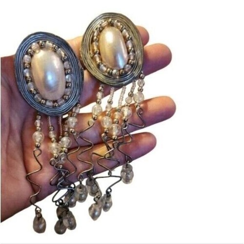 Orecchini Clip-On Vintage Anni 70 Eccezionali Rari Tono Argento Perla Nappa - Unici - Foto 14 di 14