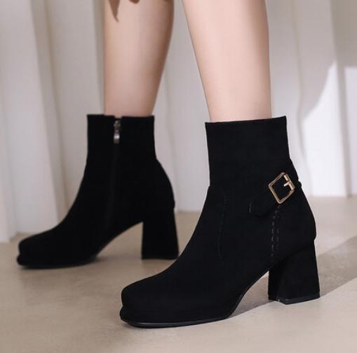 靴 Square Heel Boots Womens Chic Two Tone Square Toe Block Heel Zipper Bootie