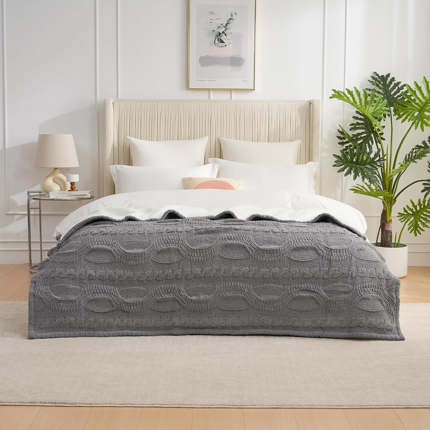 Cozy Reversible Chenille Sherpa Cable Knit Throw Blanket for Couch Warm Winter