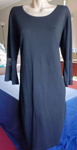 CALVIN KLEIN STUNNING BLACK FINE KNIT DRESS WITH BELL SLEEVES SIZE L. AS NEW - Picture 2 of 11