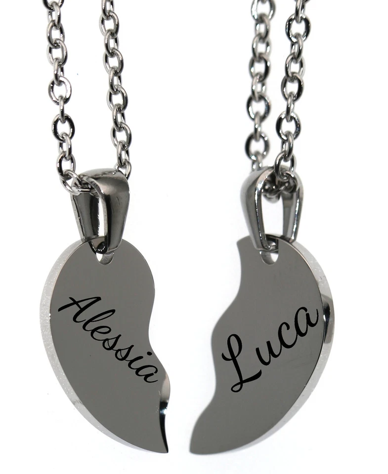 due collane lui lei cuore spezzato 2 girocollo ciondoli incisione gratis acciaio - Immagine 3 di 4
