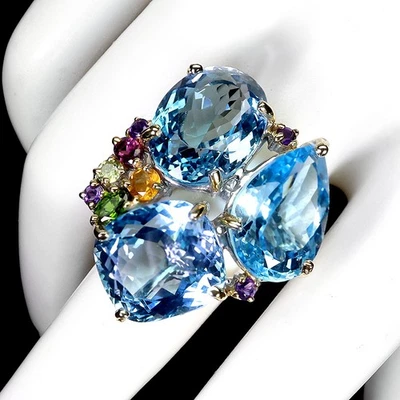 925 Sterling Silber Ring Oval Swiss Blue Topaz 47ct Handarbeit Größe 8 - Bild 1 von 4