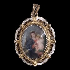 Antico ciondolo in argento 800 filigrana Madonna e Bambino miniatura icona dipinta a mano