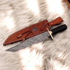 Hand Forged Damascus Steel Hunting Bowie Knife Full Tang With Leather Sheath