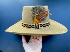 Stetson 4X Beaver Western Felt Hat Tan/Beige w/ Feather Band, Size 7 3/8