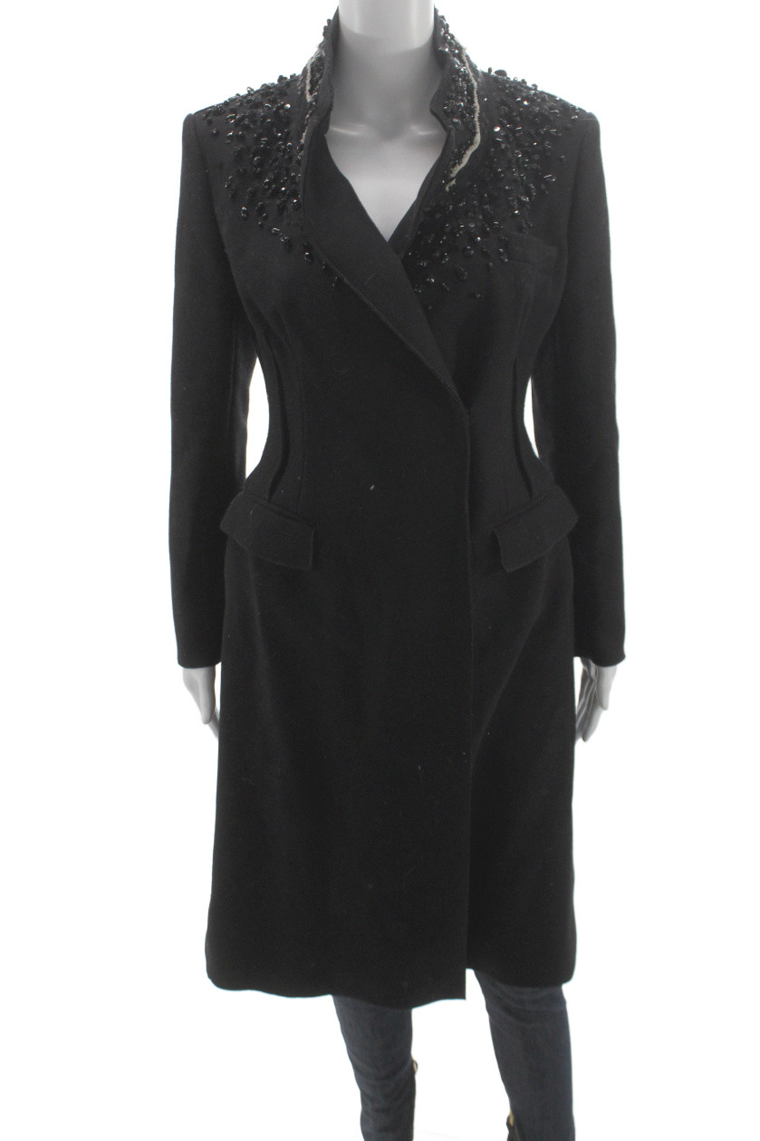 Prada Women Overcoat Black Wool Blend Collared Long Sleeve Size 42Free Shipping in US $100+ Orders | $6.95 Orders Below