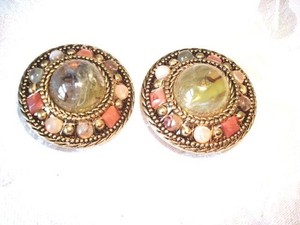 Chunky Gold Tone Clip Earrings Multi Color Plastic Faux Stones 1 3/4 In. KJ
