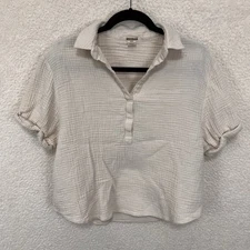 Magaschoni  Gauze Boxy Top Women’s M Beige Organic Cotton Blouse Cuffed Sleeve