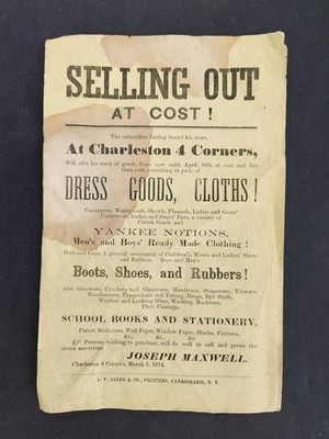1874 antique BROADSIDE AD charleston 4 corners ny JOSEPH MAXWELL sale STORE