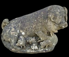 Vintage Weathered Stone Pig & Piglets Statue