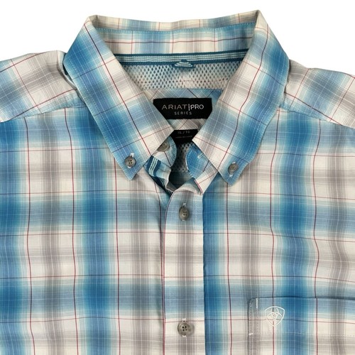 Ariat Pro Men’s Size XL Short Sleeve Button Down Shirt Blue Plaid White