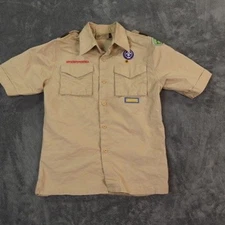 Boy Scouts Uniform Shirt Youth Large Brown Polyester Blend Patches Service Pin