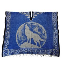 ARTESANIAS Mexican Blanket Poncho, ONE SIZE XL; Blue Wolf Design