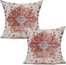 Boho Throw Pillow Covers 18x18 Set of 2 Farmhouse Vintage Rust Coral Decor