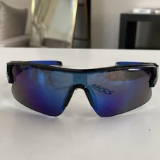 Men's Wrap Sports Sunglasses - Black Solid Plastic Frame Blue Mirrored Lenses