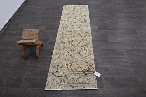 Vintage Turkish Runner Rug 2x7ft Wool Anatolian Handmade Hallway Oushak BEIGE