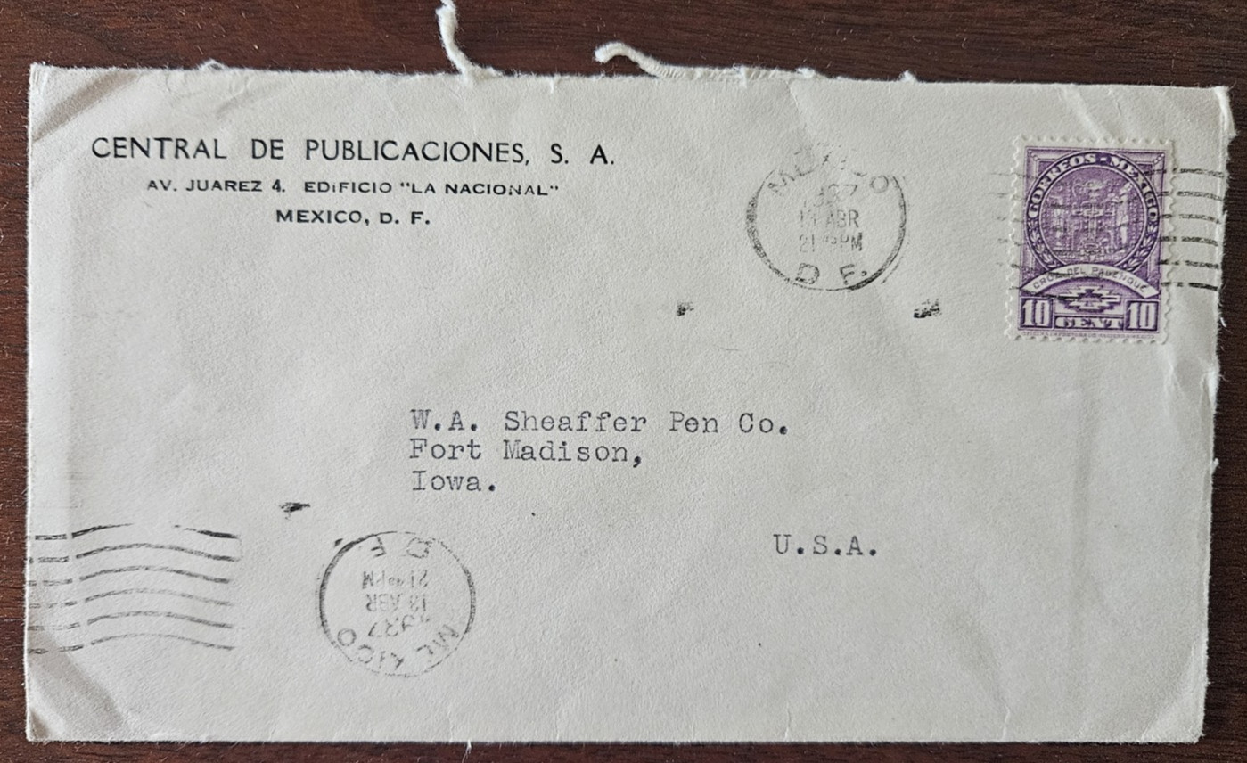 1937 Mexico City to USA Cover 10 cent Mexico, D.F. to Sheaffer, Ft. Madison, IA