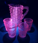 Vintage Selenium Summit Miniature Glass Pitcher & Tumblers Peacock Bird Hobnail