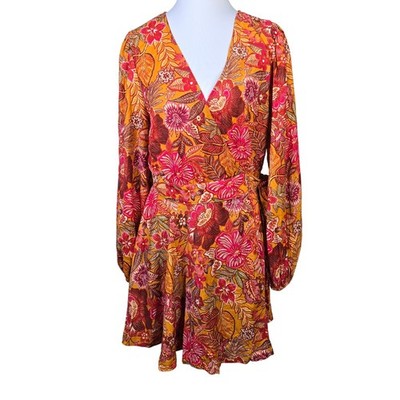 Flying Tomato Floral Wrap Mini Dress Mustard Red Boho Long Balloon Sleeve
