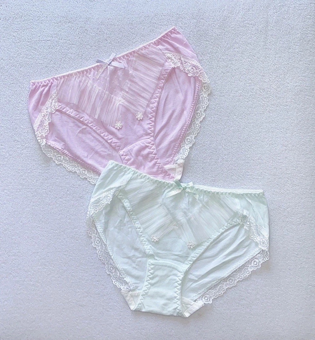 US-S/JP-L Set Of 2 Japanese Girls Sissy Cute Floral Soft Lace Trim Cotton Panty