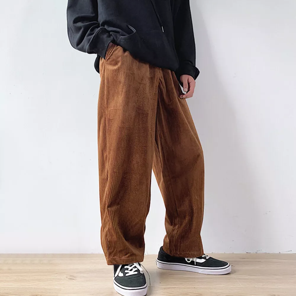 Men Pocket Casual Soft Corduroy Pants Elastic Waist Straight Leg