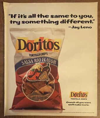 1989 Doritos Salsa Rio Tortilla Chips Jay Leno Something Different 80s Print Ad