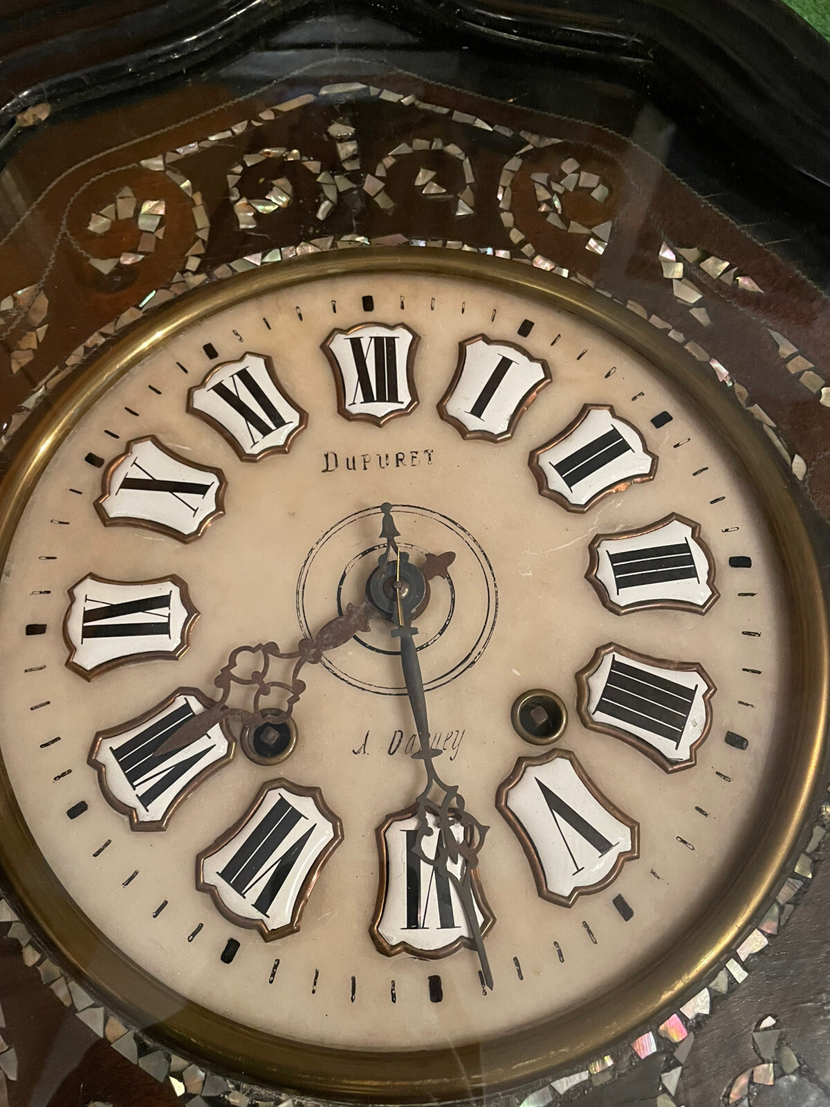 Antique French Baker’s Wall Clock With Mother Of Pearl Inlay Morez