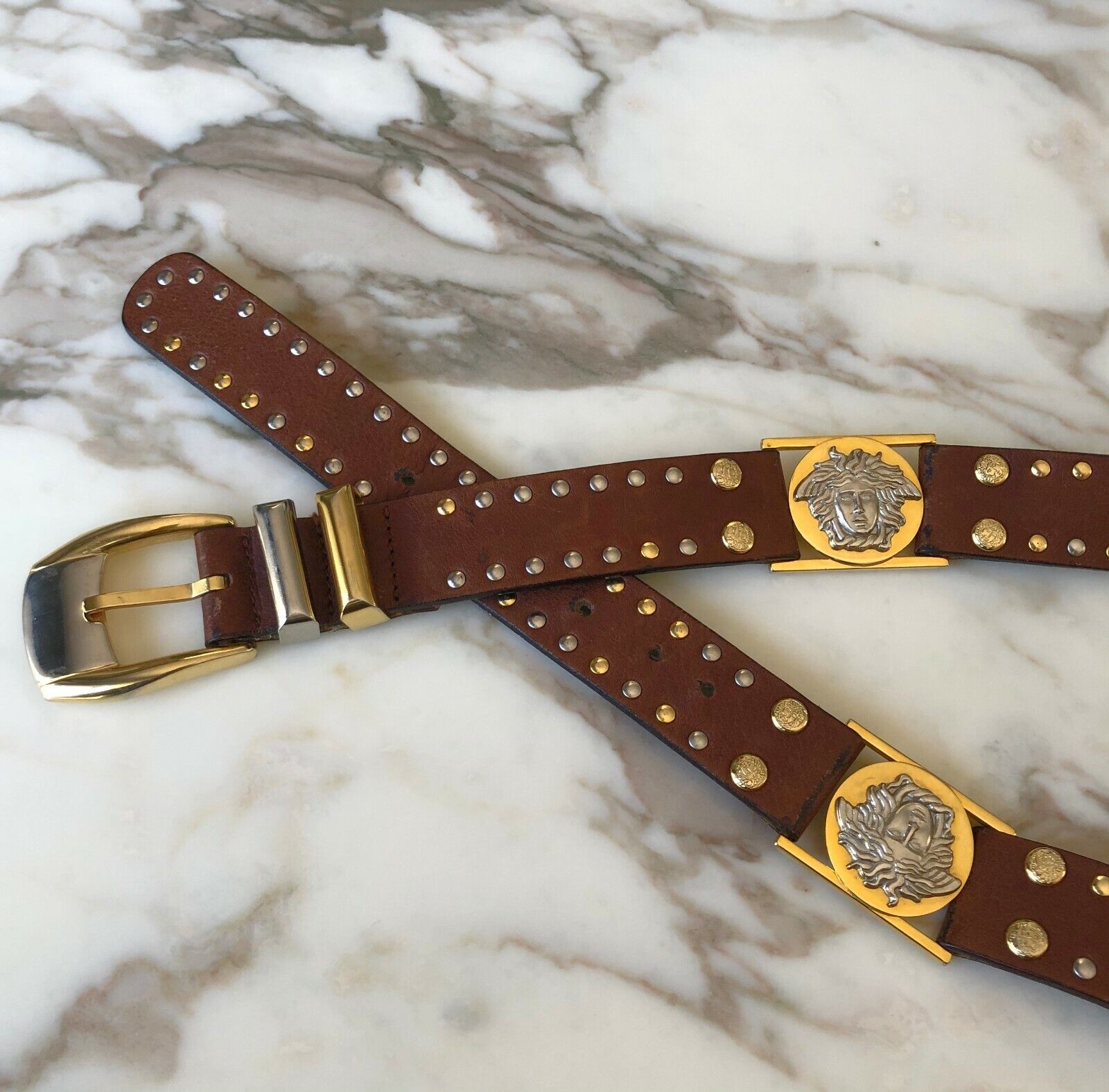 GIANNI VERSACE belt dual tone brown leather studd… - image 2