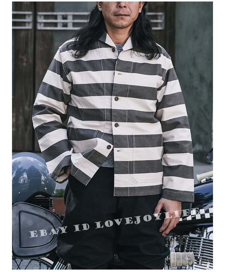weirdo jail coat 囚人 白黒 ボーダー プリズナー コート Non Stock 11OZ Prison White Black Stripe Jacket Men Motorcycle