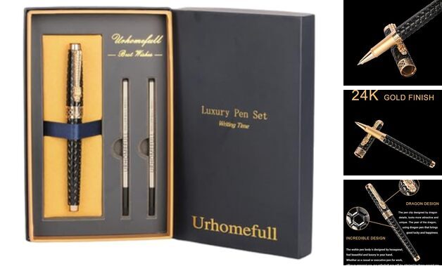 Stunning Luxury Rollerball Pen with 24K Gold Trim,Switzerland Tip with Black
