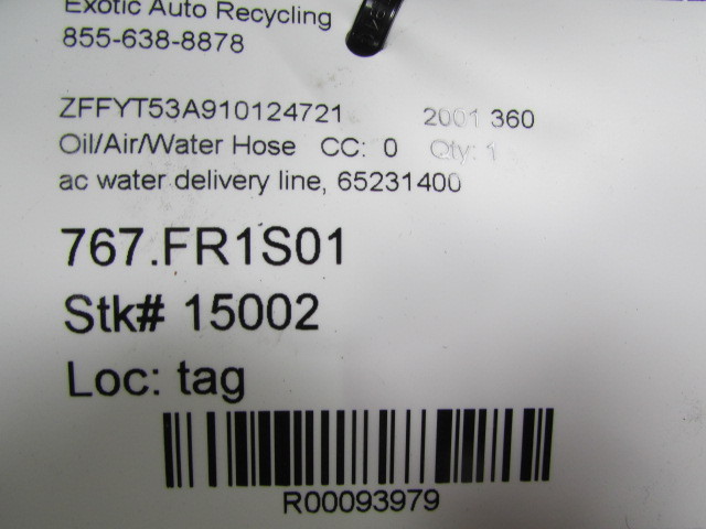 Ferrari 360, Aluminum Water Delivery Pipe Underfloor, Used, P/N 65231400