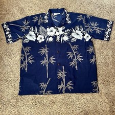 Makani Hawaii Shirt Mens Large Tribal Blue Floral Microfiber Hawaiian Aloha Gray