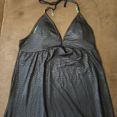VTG COOGI HALTER DRESS ALL OVER SHINY LOGO PRINT WITH COLORED LOGO STRAPS  LARGE