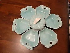 Vintage Hoenig of California Turquoise White Apple Dip 7 Piece Set