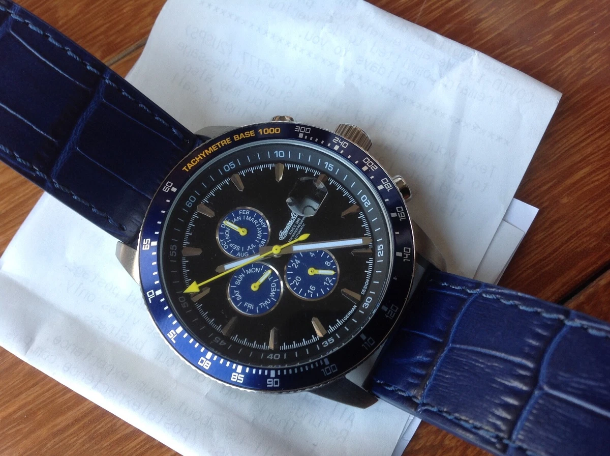 VINTAGE INGERSOLL WATCH MEN IN1219BK BLUE DIAL AUTOMATIC 45MM GT8 GERMAN DESIGN
