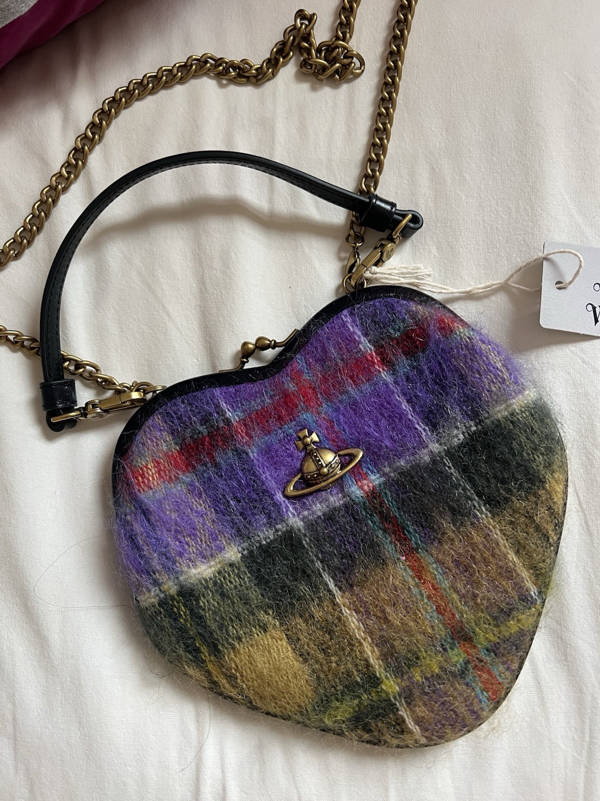 Borsa a tracolla a mano Vivienne Westwood tweed tartan Belle Heart nuova con etichetta rara scontata