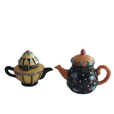 2 ME Ink Mary Engelbreit Miniature Teapot Hinged Trinket Boxes Floral Enesco