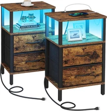TUTOTAK LED End Table with Charging Station, Nightstand Cloth Brown 