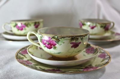 Vintage Kane Toku Porcelain Tea Set: Hand-Painted Pink Flowers, Japan 1940s