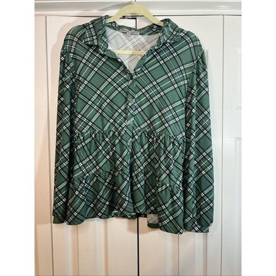 Absolutely Famous Green Plaid Button Up Blouse Women's Size Large Soft Roomy