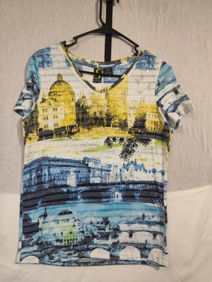 Sportelle Women's Short Sleeve Top Size S Architectural Print W/Rhinestones