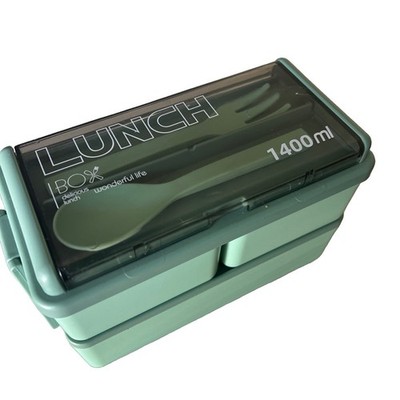 1400ml Leakproof Bento Lunch Box 2 Layer Food Container with Spoon Fork Green