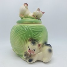 Vintage American Bisque Cookie Jar White Cat Kittens on Ball of Yarn USA Pottery