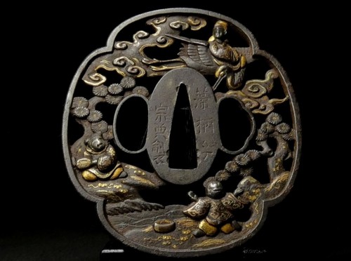 Iron Round Tsuba Set of Two Gold-Finished Rim Scenic Openwork, Edo Japan Antique - 第 2/18 張圖片