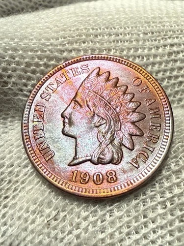 1908 Indian Head Penny Cent ~ Borderline Lustrous High Grade AU++ Red Hue