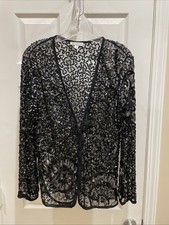 Chicos Women Sz 1 Open Front Cardigan Jacket Black Silver Sequin gorgeous