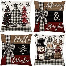 Christmas Throw Pillow Covers Set of 4  18X18 Inch Xmas Trees Snowman Santa Elk B