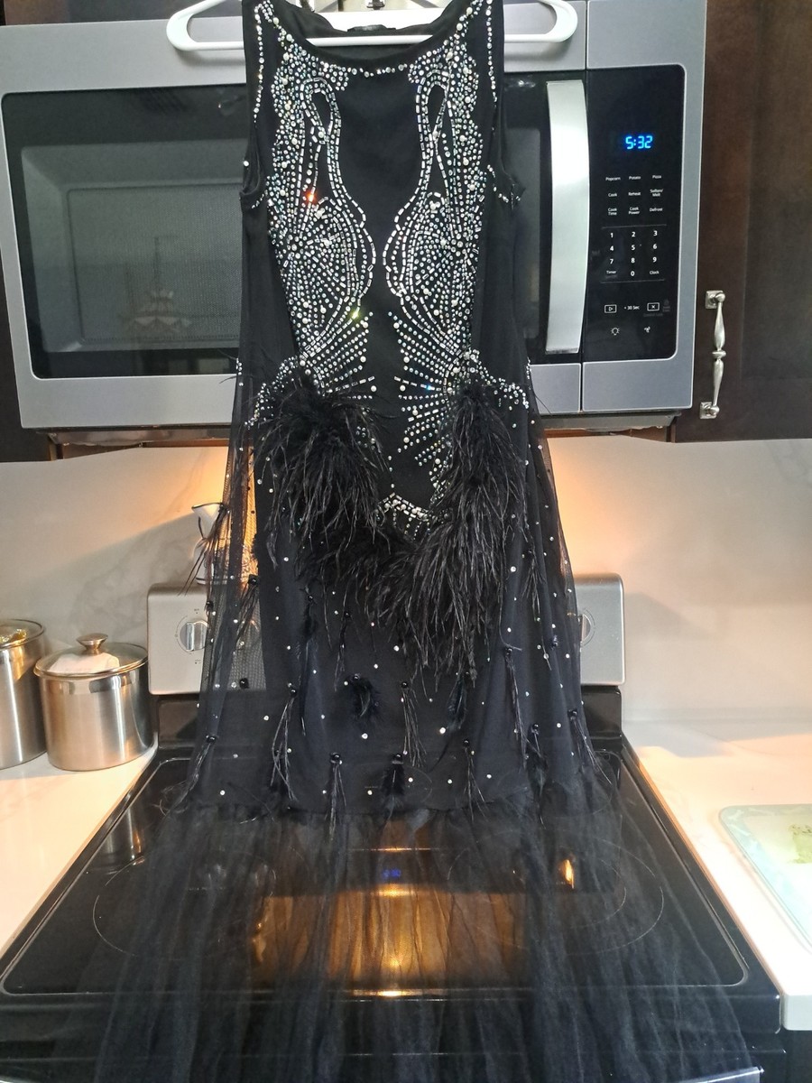BANJUL Black Rhinestone Pearls,Feathers, Sleeveless,lon Dress. BUST 38" Sz.Large View 4